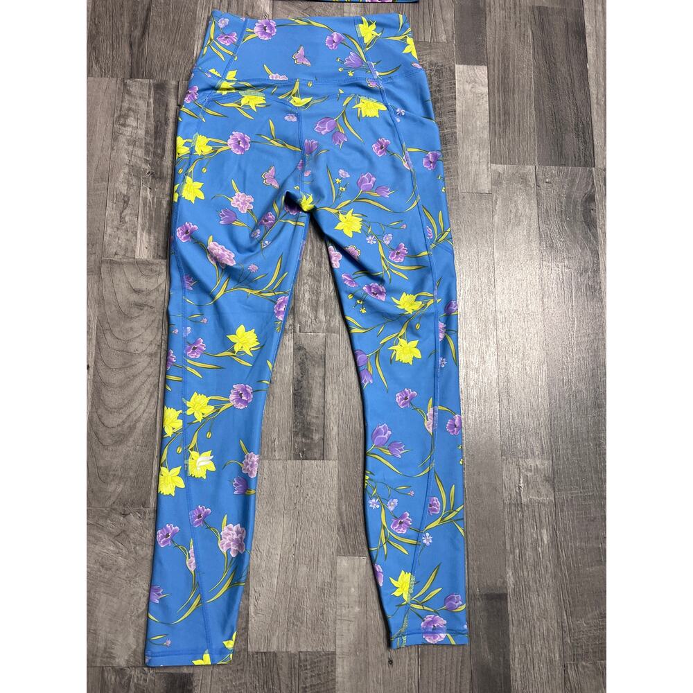 Fabletics Blue Floral Workout Set Sports Bra High Rise Leggings Matching Gym Set - Picture 5 of 10
